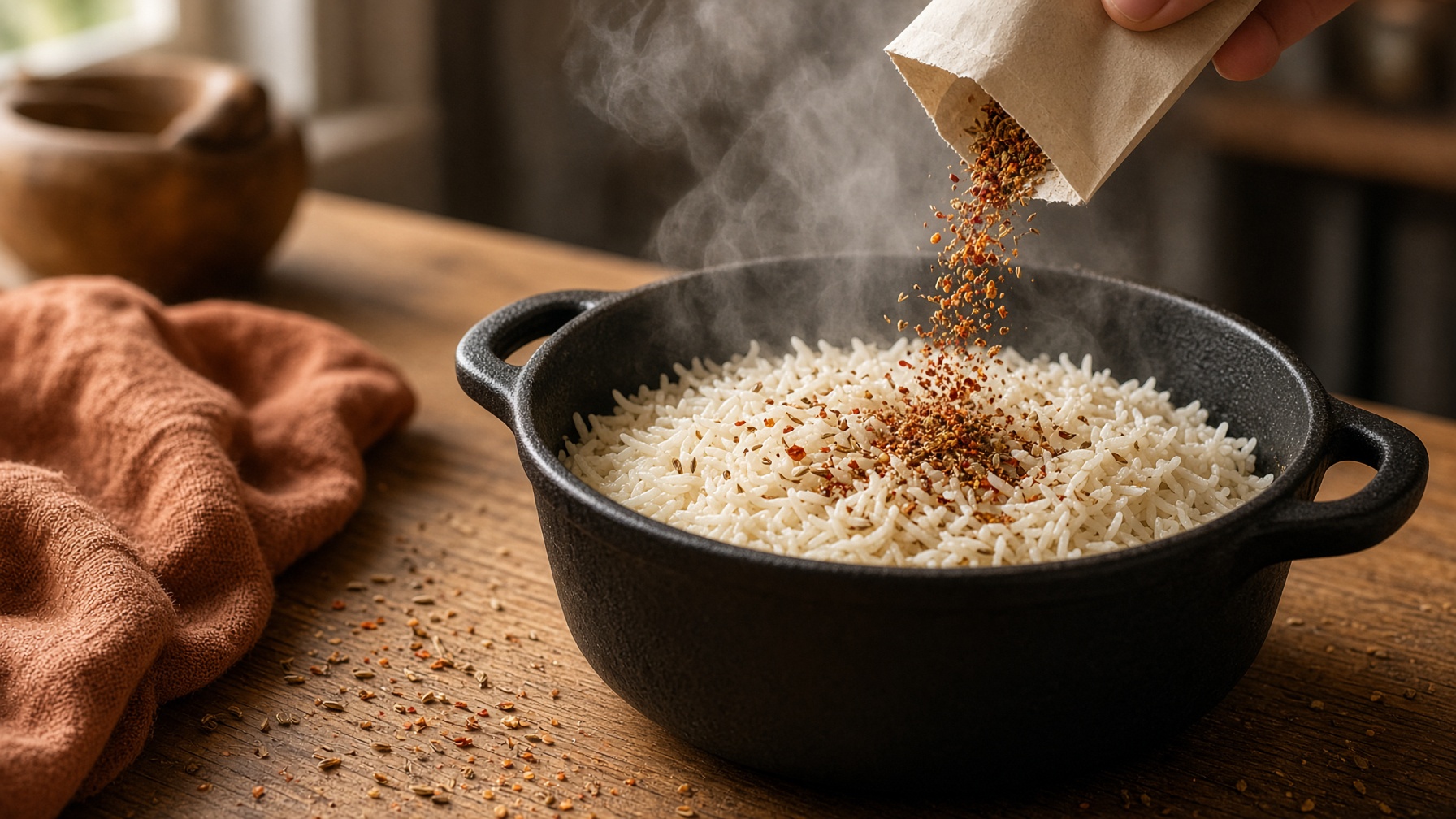 A sachet tipping into a steaming pan of rice